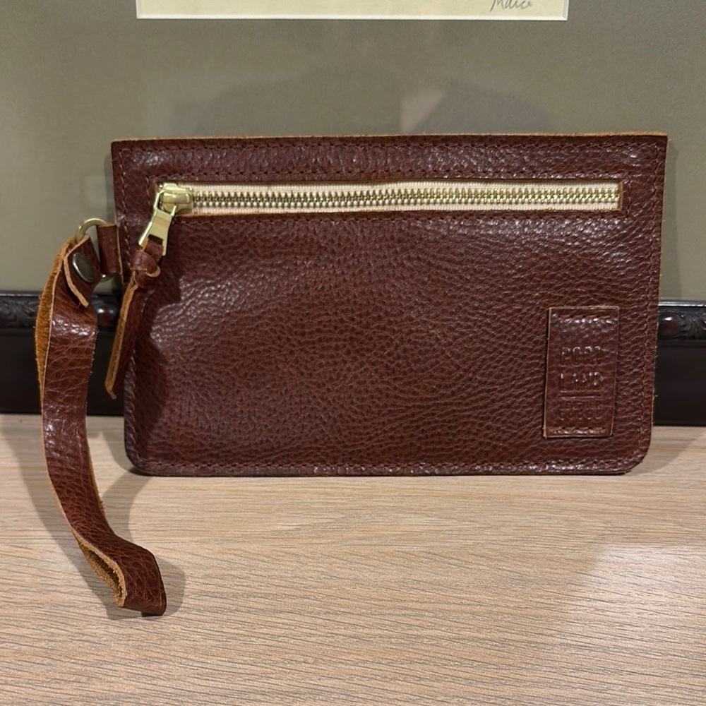 Portland Leather Brown Clutch with Wrist Strap and Pebbled Texture